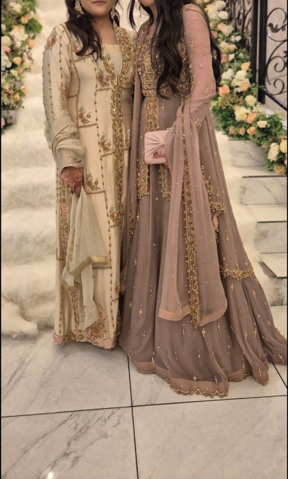 Formal occasionwear in cream and mauve with gold work