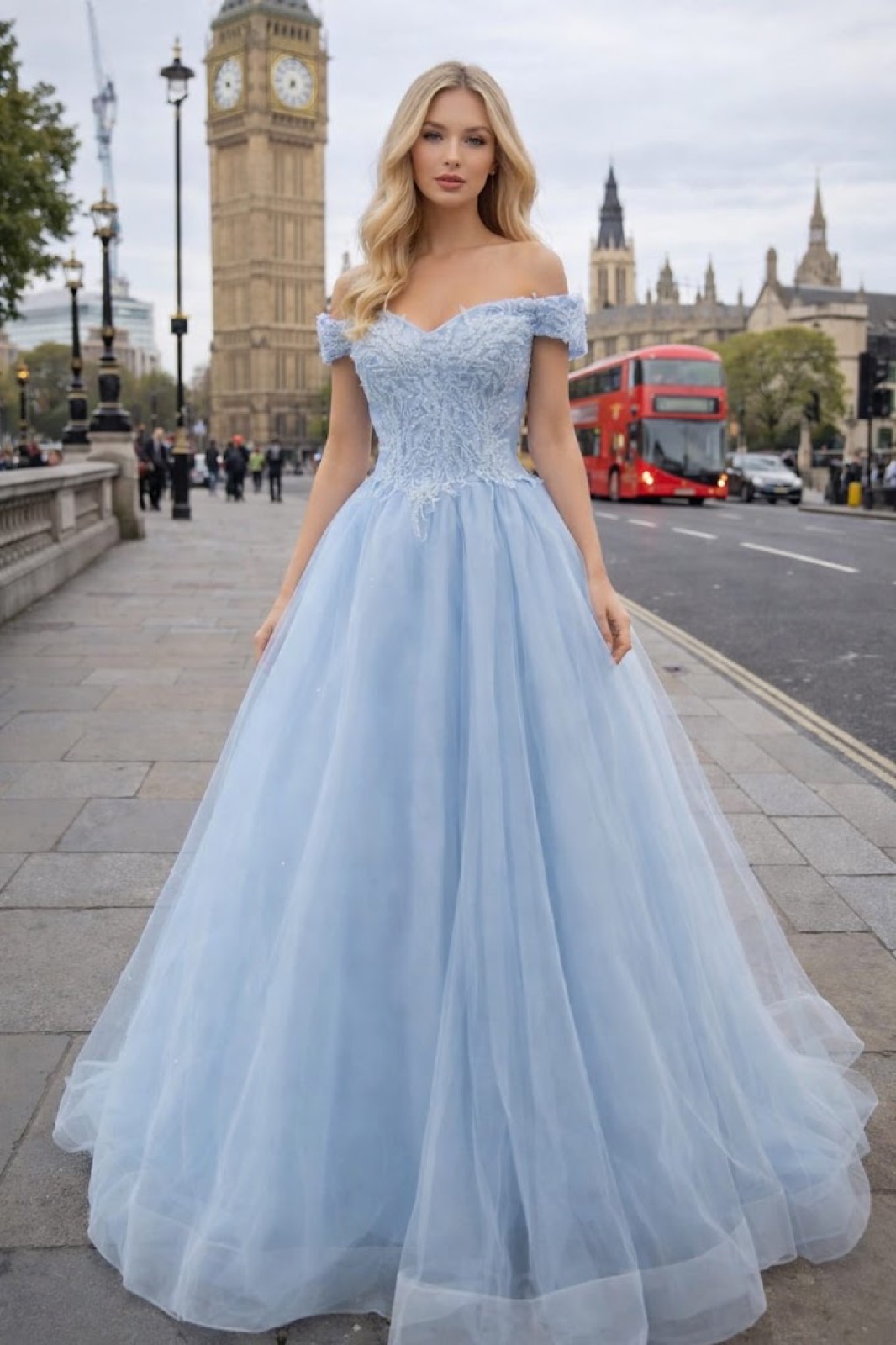 Powder-blue off-shoulder ballgown from Leon Boutique