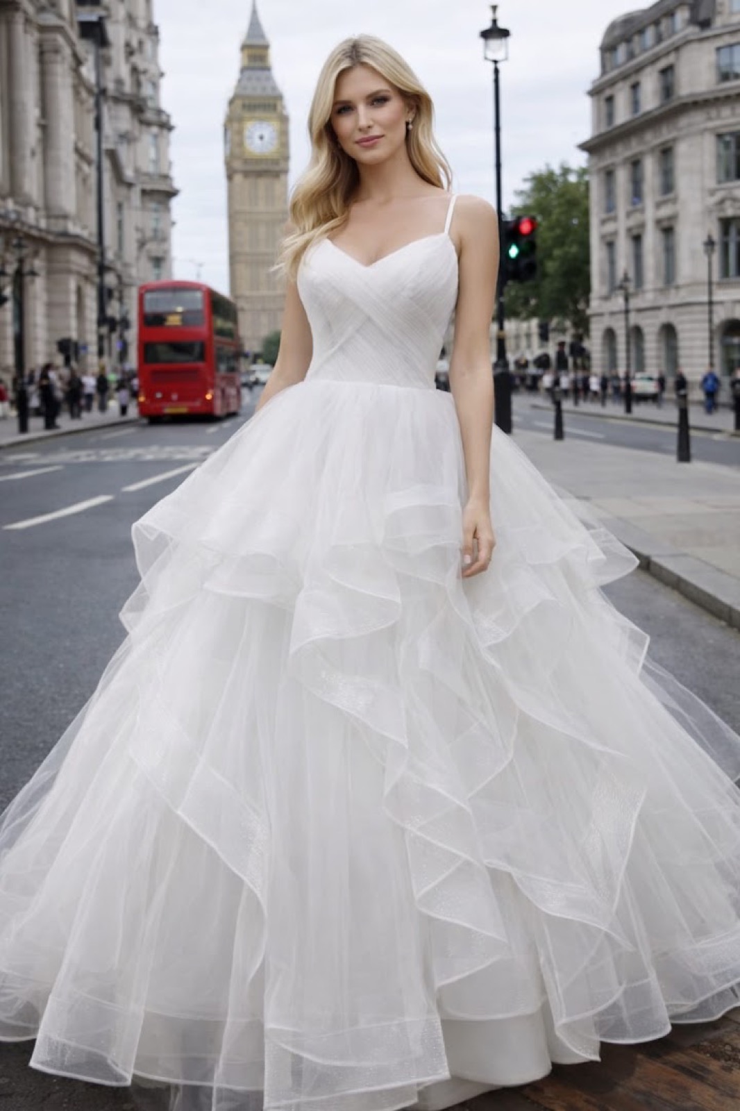 White layered wedding ballgown
